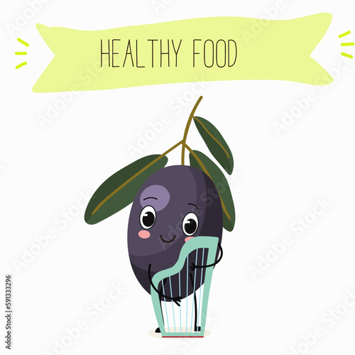 Illustration with funny characters olives. Funny and healthy food. Vitamins, cute face food, ingredients, vegetarian, vector cartoon, agriculture, raw.