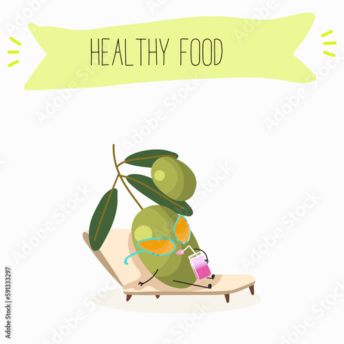 Illustration with funny characters olives. Funny and healthy food. Vitamins, cute face food, ingredients, vegetarian, vector cartoon, agriculture, raw.