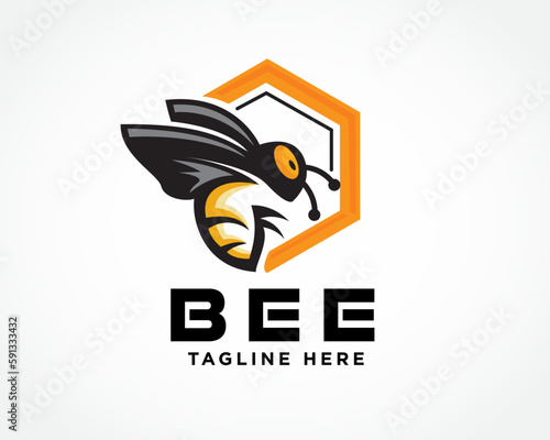 flying bee on beehive hexagonal cells create honey art logo design template illustration inspiration