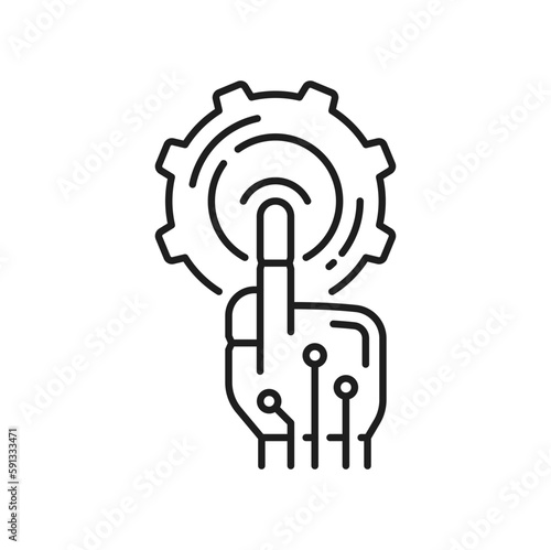 Automation software. Robotic hand touching digital interface. Vector IOT innovation, improving productivity in technology and business processes
