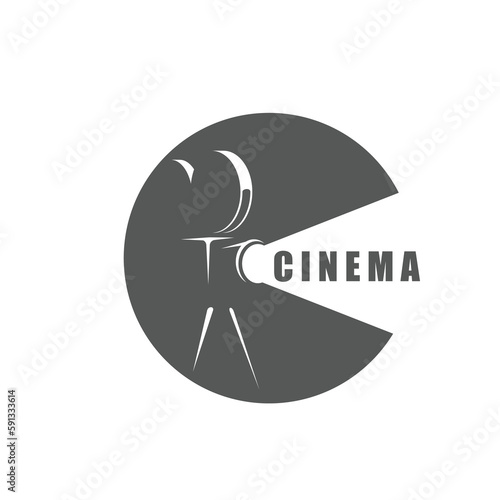Cinema vector icon with retro movie projector. Movie theater or motion picture festival symbol with vintage film reel projector on tripod in circle frame. Cinematography equipment monochrome sign