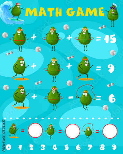 Cartoon avocado characters math game worksheet. Vector mathematics subtraction and extraction riddle for children education and learning arithmetic with funny fruits jogging and spinning hoop