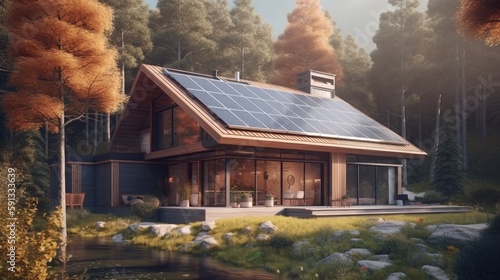 Modern house with solar panels on the roof on a mountain. Created with generative AI.