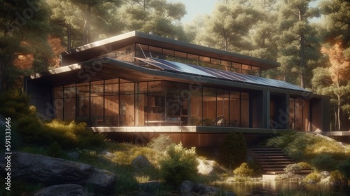 Modern house with solar panels on the roof on a mountain. Created with generative AI.