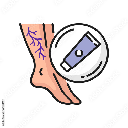 Varicose veins swelling pain, ointment treatment outline icon. Vector abnormal blood pressure, weak valves disease. Vascular thrombosis cream