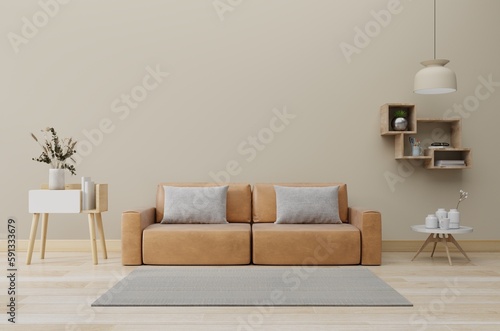 Luxurious apartment background wall mockup with leather sofa and decor on cream color background.