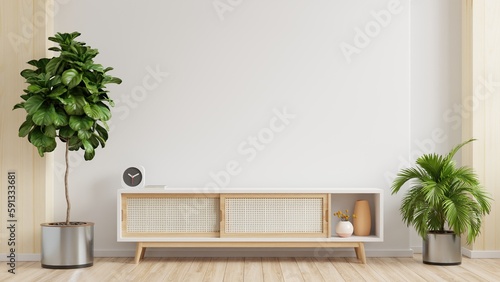 Mockup white wall background,Modern living room decor with a tv cabinet.3d rendering