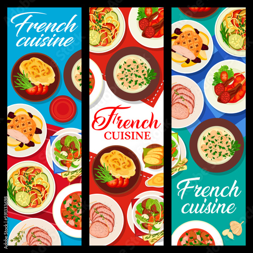 French cuisine food banners. Glazed roast pork, vegetable stew ratatouille and potato gratin Dauphinois, lamb and ham stew, beef stew Pot au Feu and chicken fricassee , beef tenderloin, lamb cutlets