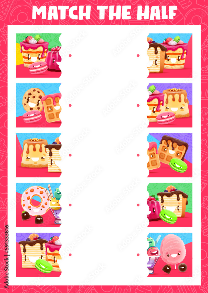 Match the half of cartoon sweets, ice cream and dessert characters. Vector game worksheet with cake, macaroon, jelly pudding and pie. Waffle, chocolate cookie, donut and candy cotton kawaii personages