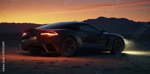 supercar in the desert. Created with generative AI. © lchumpitaz