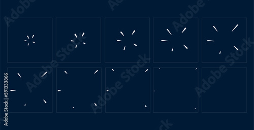 Animated sparkle or shine effect. Game sprite animation sheets with vector burst and light flashes of firework, firecracker and star explosion. Cartoon light effect with rays animation sequence