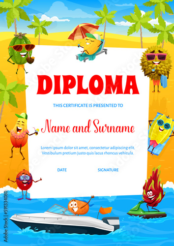 Vertical kids diploma cartoon fruits characters on summer beach. Vector educational school certificate with feijoa, durian, melon, carambola and dragon fruit, mandarin, lychee and papaya personages