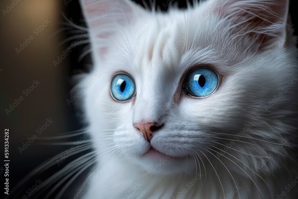 white cat with captivating blue eyes staring at the viewer. Generative AI
