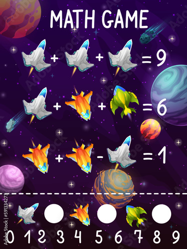 Fototapeta Naklejka Na Ścianę i Meble -  Math game worksheet, cartoon spacecrafts and starships in galaxy space, vector quiz puzzle. Space rocket and fantasy galactic spaceships and galaxy shuttles with planets in math game counting skills
