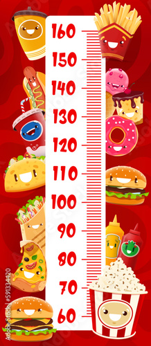 Kids height chart, cartoon cheerful takeaway fast food characters, vector growth meter. Pizza, cheeseburger and donut with popcorn and funny hot dog on baby tall measure ruler or height chart