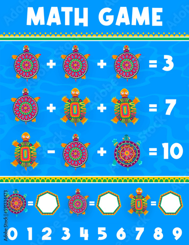 Math game worksheet mexican turtles on water. Vector mathematics test for kids with reptiles in folk style of Mexico. How many turtles riddle for children education and learning arithmetic puzzle task