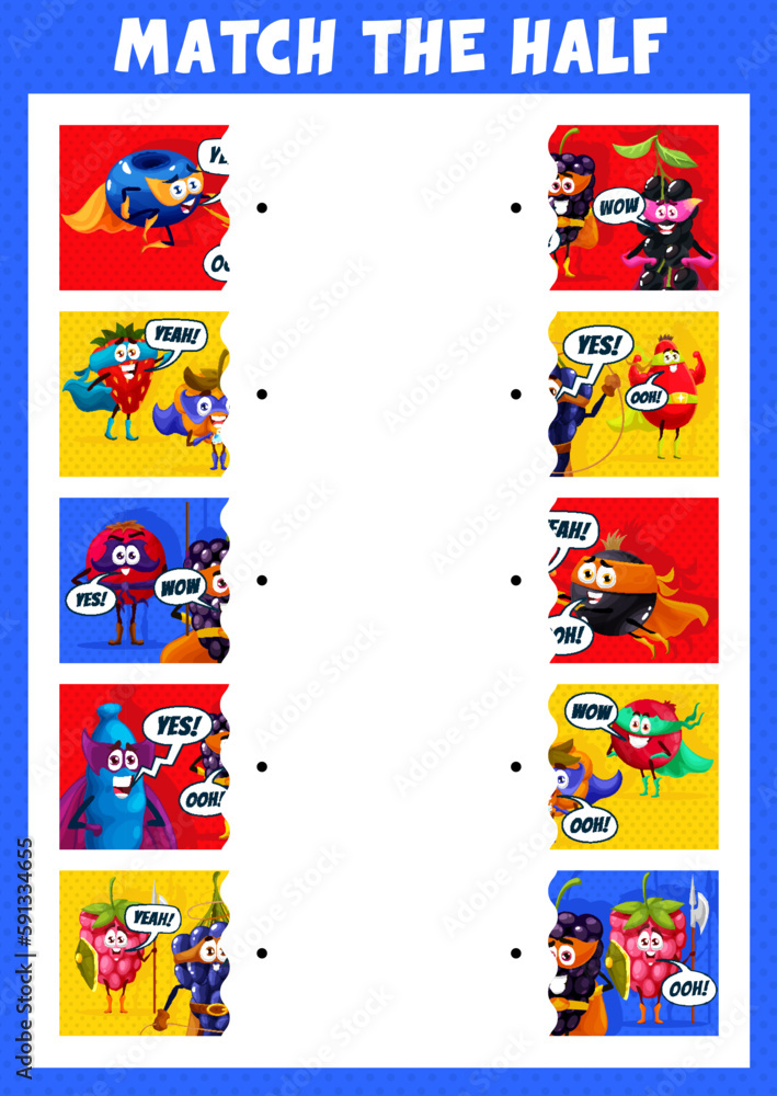 Match the half of cartoon superhero berry characters. Vector game worksheet with blueberry, blackberry, grapes and birds cherry. Strawberry, cloudberry, rosehip and cranberry with black currant heroes