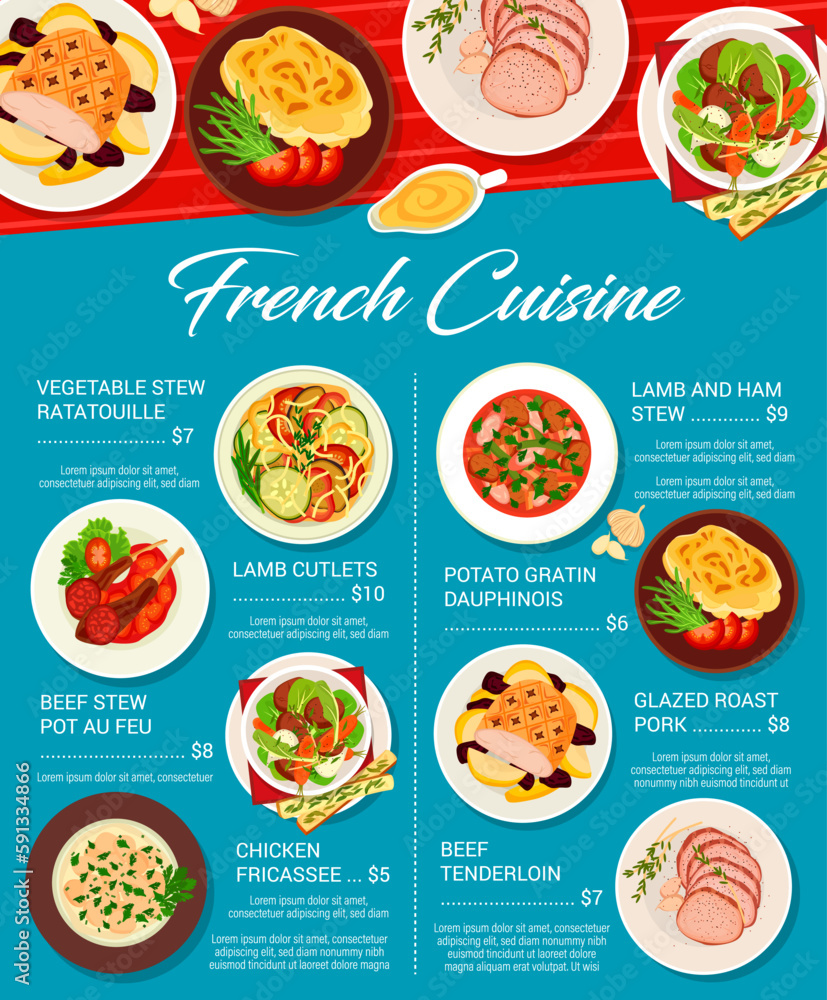 French cuisine food menu page. Glazed roast pork, beef tenderloin and potato gratin Dauphinois, beef stew Pot au Feu and vegetable stew ratatouille, lamb and ham stew, lamb cutlets, chicken fricassee