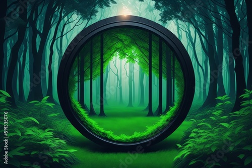 a concept of neon green transparent glass geometrical circle sphere in a green forest. Generative AI