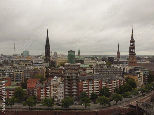 Aerial view of Hamburg port in a summer day. Hamburg city skyline and city view.