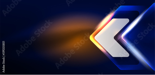 Neon speed arrow and line shapes background. Hi-tech concept with shiny backdrop. Bright flare light effect in the dark