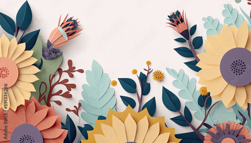 papercraft flower border, bursting with an array of colors, creating a captivating background with ample space for your creative message or design
