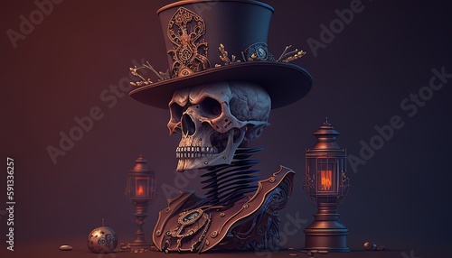 steampunk skull magician, digital art illustration, Generative AI