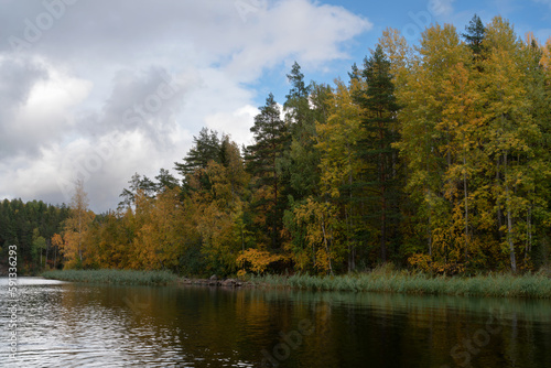 Lake Ladoga near the village Lumivaara on a sunny autumn day, Ladoga skerries, Republic of Karelia, Russia