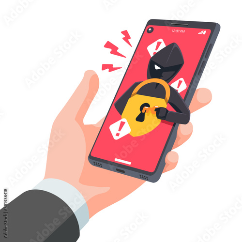 Thief Hacker attacks a smartphone by message. fraud scam and steal private data on devices. vector illustration flat design for cyber security awareness concept.