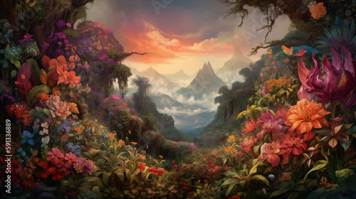 A jungle of giant flowers  a jungle where the plants are larger than life  with flowers as big as trees and vines that reach the clouds. a landscape featuring a colorful  vibrant jungle
