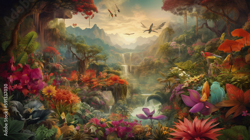 A jungle of giant flowers: a jungle where the plants are larger than life, with flowers as big as trees and vines that reach the clouds. a landscape featuring a colorful, vibrant jungle © alhaitham