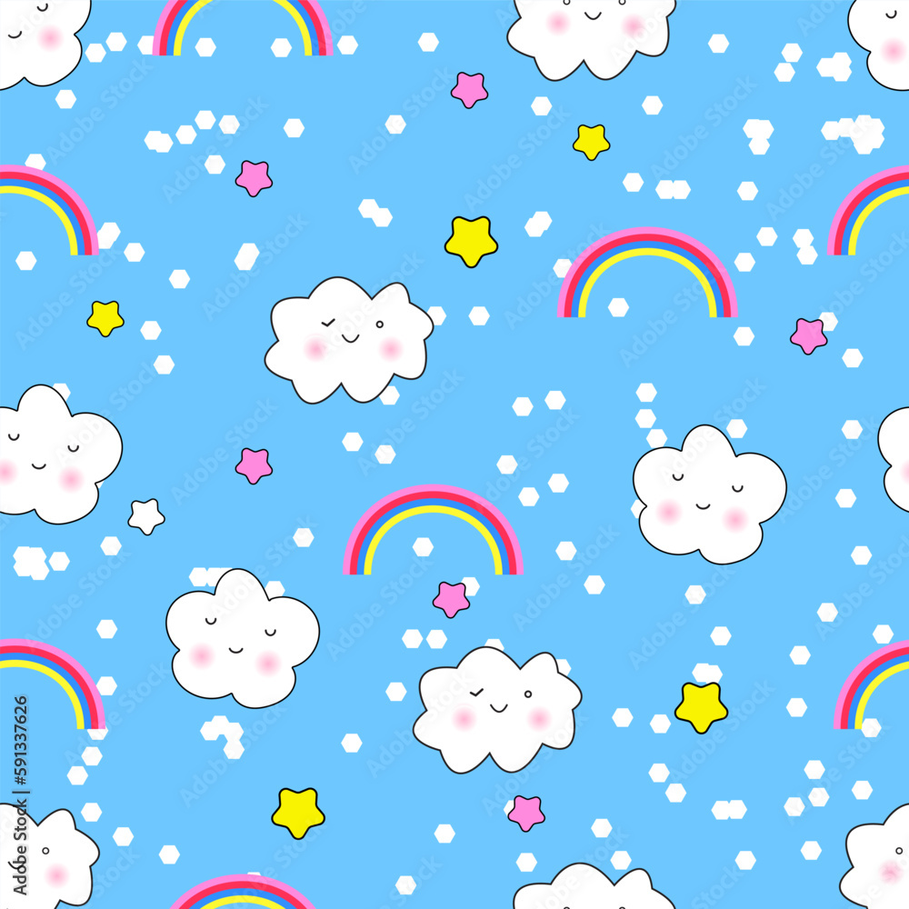 Cloud Background, Rainbow Seamless Pattern, Cartoon Vector Illustration, Grey Sky Background for Kid