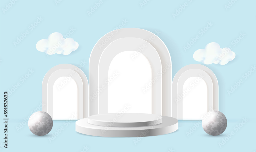 Abstract white 3D room with realistic white cylinder pedestal podium Abstract white 3D room with realistic white cylinder pedestal podium