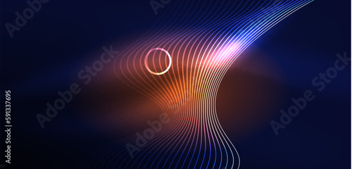 Neon laser lines, circles waves abstract background. Neon light or laser show, electric impulse, power lines, techno quantum energy impulse, magic glowing dynamic lines