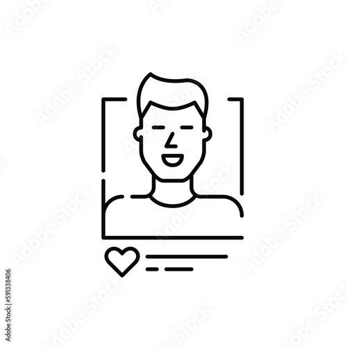 Handsome smiling man dating app profile. Receiving likes. Pixel perfect, editable stroke line icon