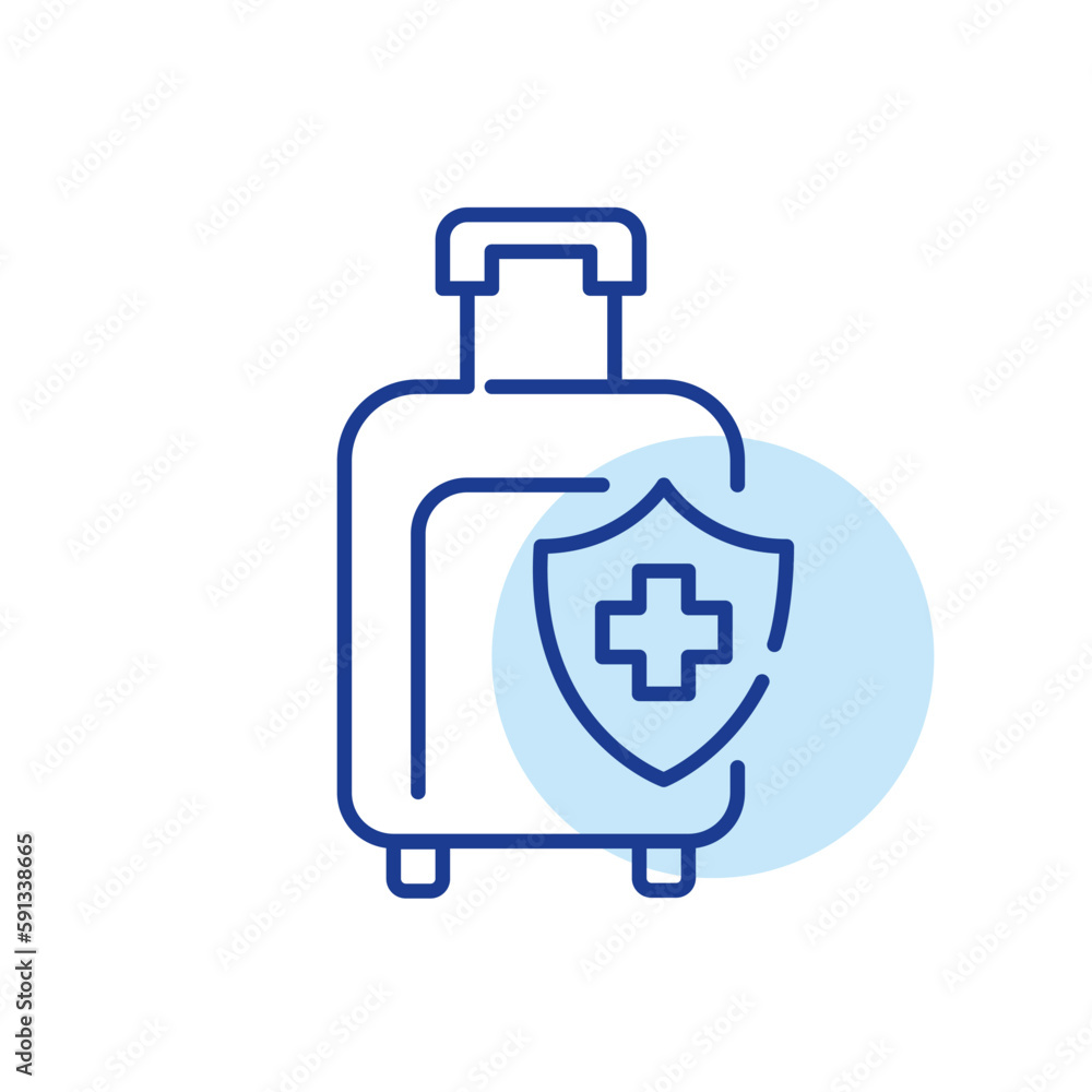 Travel insurance. Wheeler suitcase for airplane trip. Pixel perfect, editable stroke line icon Travel insurance. Wheeler suitcase for airplane trip. Pixel perfect, editable stroke line icon
