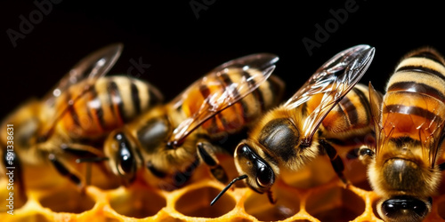 Close up view of the working bees on honey cells - generative ai