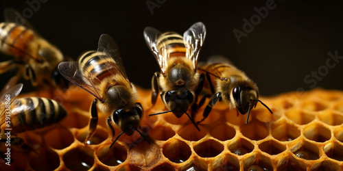 honey bees on honeycomb in apiary in summer time - generative ai