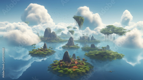 A sky full of floating islands: Imagine a world where islands float in the sky like clouds. a landscape featuring a vast expanse of floating islands, each with its own unique ecosystem and inhabitants