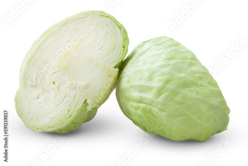White cabbage cut in half on a transparent background.
