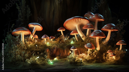 A forest of glowing mushrooms: Imagine a mystical forest where the trees are replaced by giant mushrooms that glow in the dark.a landscape featuring towering fungi, luminescent moss, and mysterious 