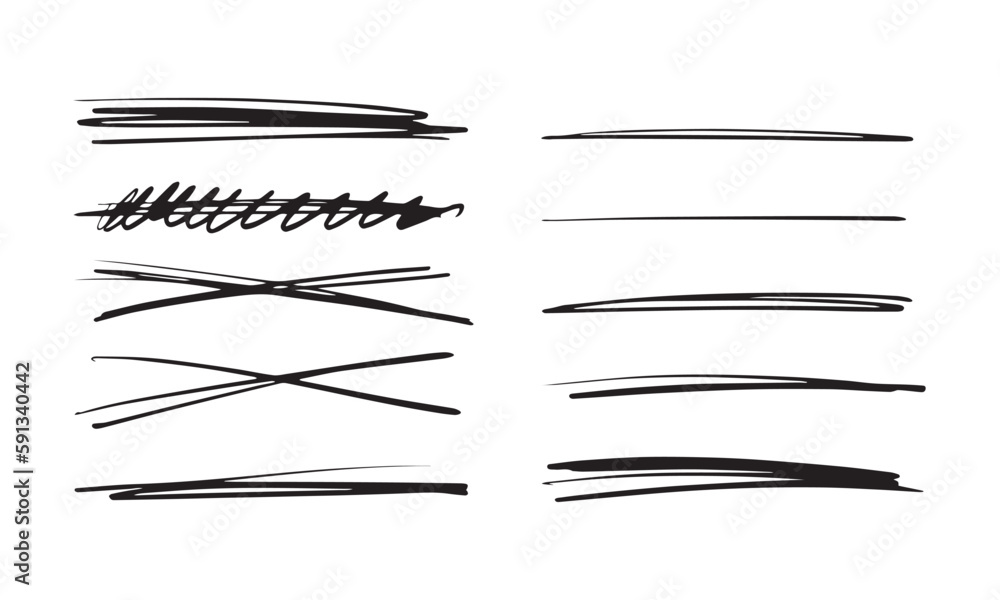 Collection of hand drawn scribbles, underline with marker, pen, pencil. Abstract lines for handwritten text design. Vector illustration isolated on white background.