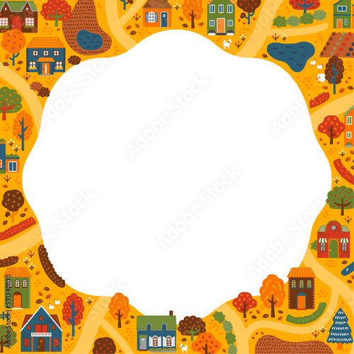 秋の街並み（俯瞰）のフレーム・背景素材（正方形）