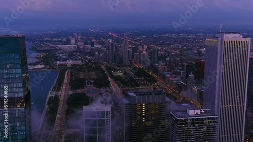 Nighttime scape of the descending sunset of Chicago Skyline