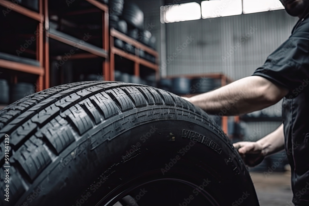 Fototapeta premium Mechanic service is changing new tires and wheels. on the garage background