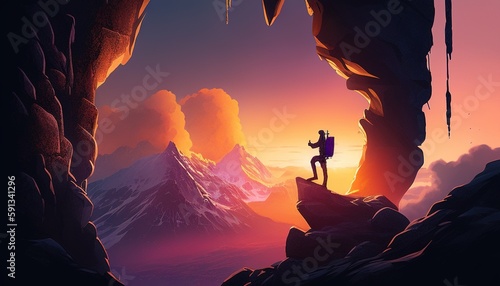 climber on sunset, digital art illustration, Generative AI