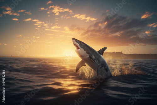 A shark leaps out of the water, its sharp teeth bared against a vibrant sunset sky, creating a thrilling and awe-inspiring moment in this stock photo. AI Generative. © sorapop