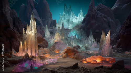A desert made of crystal: a desert made entirely of shimmering crystals, reflecting the light in dazzling patterns. a landscape featuring towering crystal formations, underground caverns, and creature