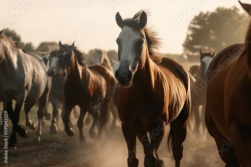 horses running in a herd in nature.