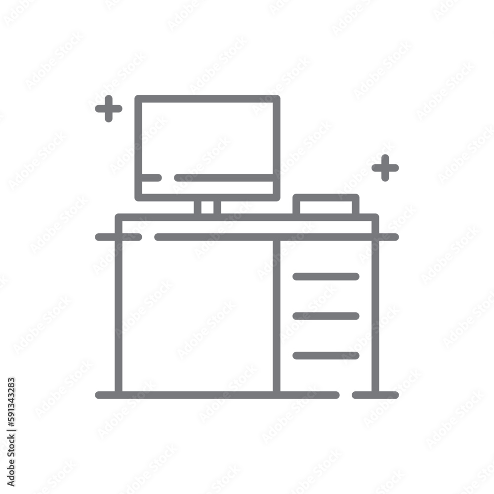 Office Desk Business and office icon with black outline style. work, desktop, furniture, interior, worker, sitting, workspace. Vector illustration Office Desk Business and office icon with black outline style. work, desktop, furniture, interior, worker, sitting, workspace. Vector illustration